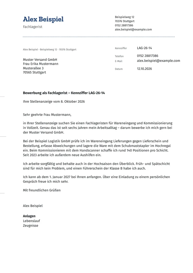Beispiel-Anschreiben nach DIN 5008 von Alex Beispiel, Fachlagerist, an die Muster Versand GmbH