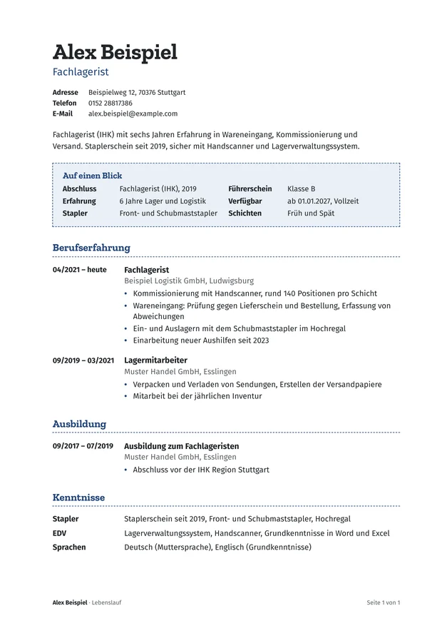 Beispiel-Lebenslauf von Alex Beispiel, Fachlagerist: Kontakt, Kurzprofil, Kasten „Auf einen Blick“, Berufserfahrung, Ausbildung und Kenntnisse