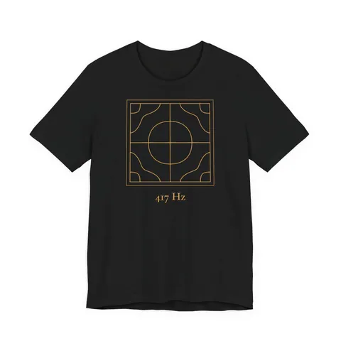 417 Hz Neuanfang · Chladni-Figur – T-Shirt in Schwarz, Vorderseite (Detail)