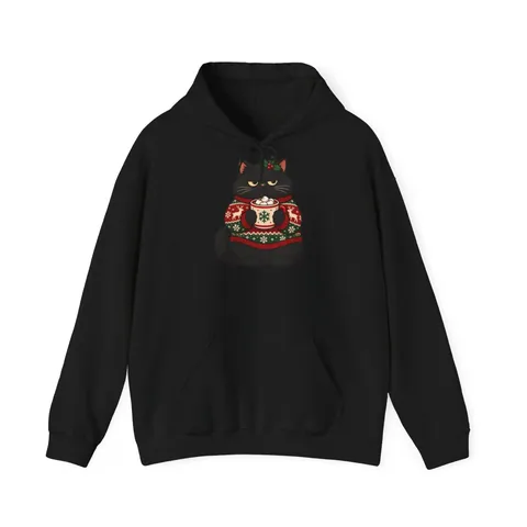 Grummelige schwarze Katze im Weihnachtspulli – Hoodie in Schwarz