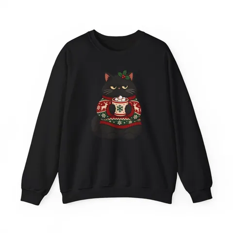 Grummelige schwarze Katze im Weihnachtspulli – Sweatshirt in Schwarz