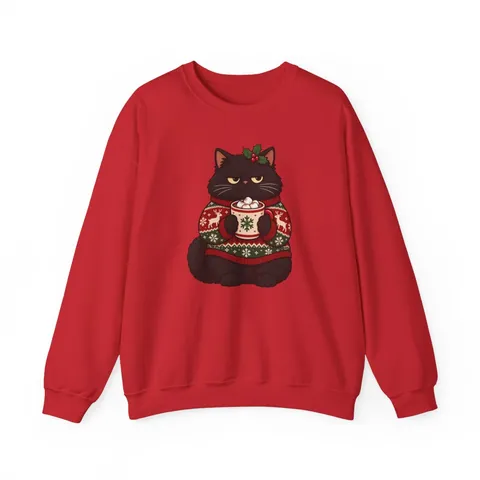 Grummelige schwarze Katze im Weihnachtspulli – Sweatshirt in Rot