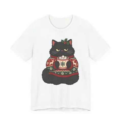 Grummelige schwarze Katze im Weihnachtspulli – T-Shirt in Weiß