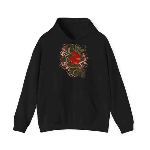 Japanischer Drache mit roter Sonne – Hoodie in Schwarz