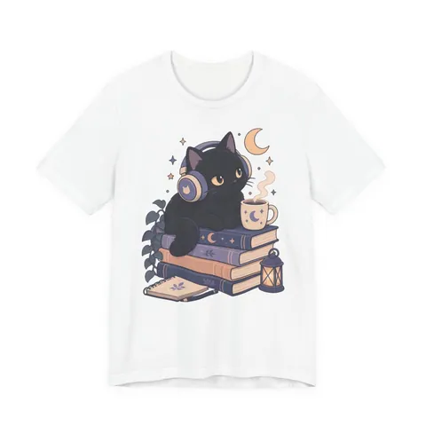 Lofi-Anime-Katze mit Kopfhörern auf Büchern – T-Shirt in Weiß