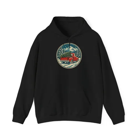 Roter Vintage-Pickup mit Weihnachtsbaum – Hoodie in Schwarz