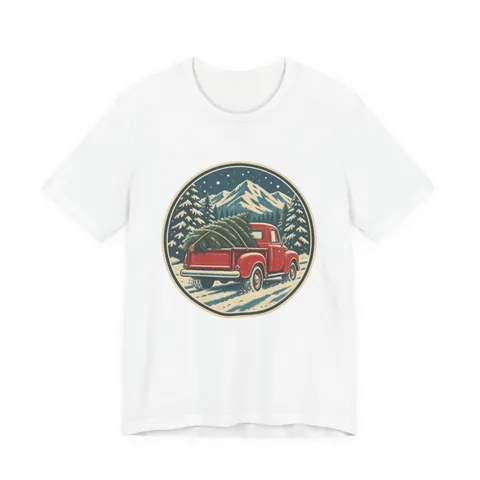 Roter Vintage-Pickup mit Weihnachtsbaum – T-Shirt in Weiß