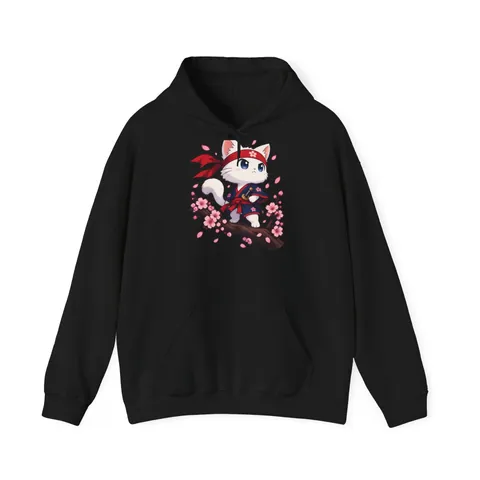 Samurai-Katze auf dem Kirschblütenzweig – Hoodie in Schwarz