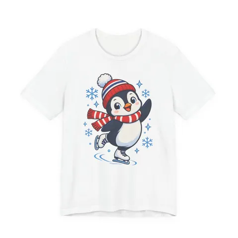 Schlittschuh laufender Pinguin mit Schal – T-Shirt in Weiß