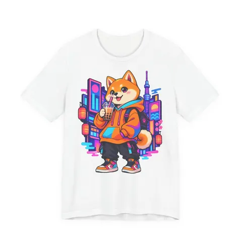 Shiba Inu im Streetwear-Hoodie mit Bubble Tea – T-Shirt in Weiß
