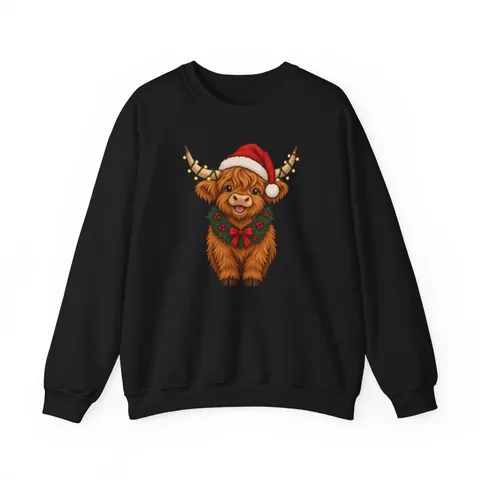Weihnachtliches Hochlandrind mit Weihnachtsmütze – Sweatshirt in Schwarz