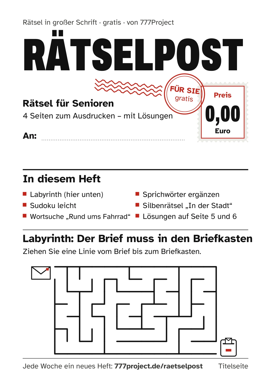 Titelseite des Gratis-Hefts: Briefmarke mit dem Preis 0,00 Euro, Inhaltsverzeichnis und das Labyrinth „Der Brief muss in den Briefkasten“