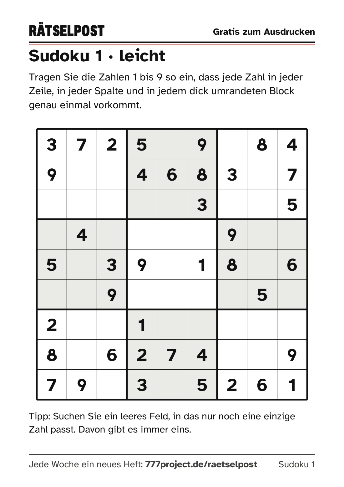 Sudoku 1 aus dem Gratis-PDF: großes Gitter mit dicken Linien um die Blöcke, darunter ein Tipp für den Einstieg