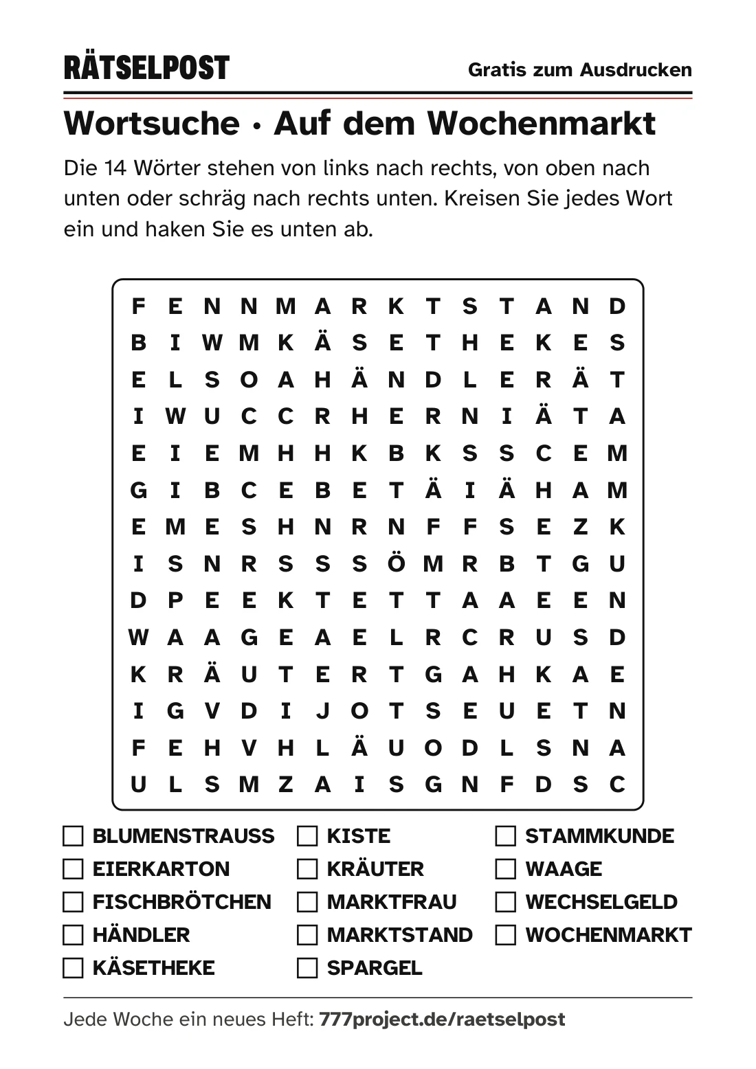 Wortsuche „Auf dem Wochenmarkt“ aus dem Gratis-PDF: Buchstabengitter 14 mal 14, darunter 14 Wörter mit Kästchen zum Abhaken