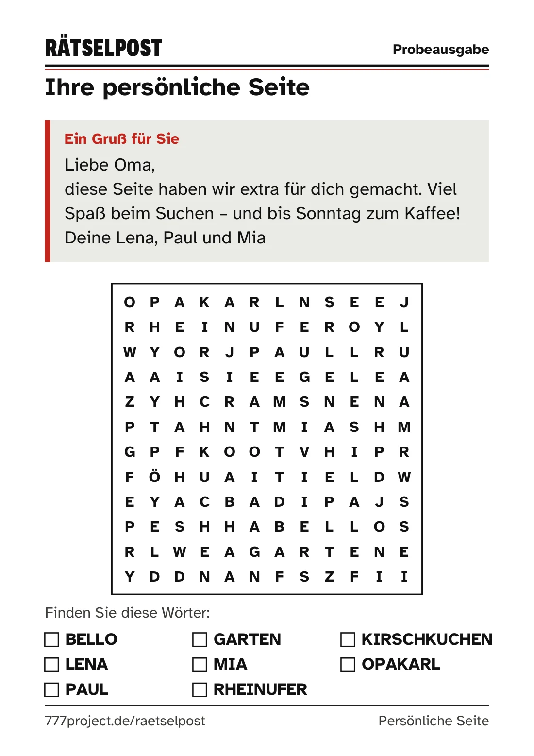 Beispiel einer persönlichen Seite: ein Gruß „Liebe Oma …“ und eine Wortsuche mit Namen wie LENA, PAUL und BELLO