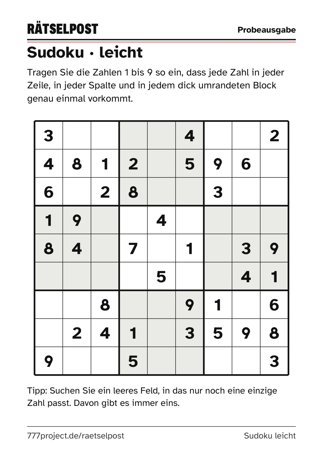 Sudoku leicht aus der Probeausgabe: Kästchen von fast zwei Zentimetern, dicke Linien um die Blöcke