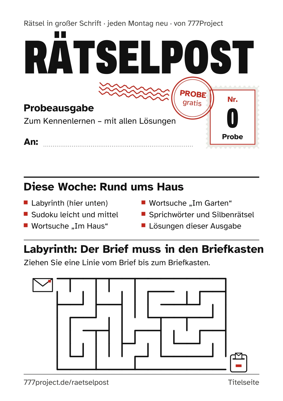 Titelseite der Probeausgabe mit Briefmarke, Poststempel und dem Labyrinth „Der Brief muss in den Briefkasten“