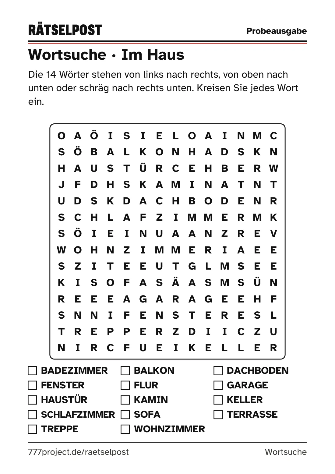 Wortsuche „Im Haus“ aus der Probeausgabe: großes Buchstabengitter, darunter 14 Wörter zum Abhaken
