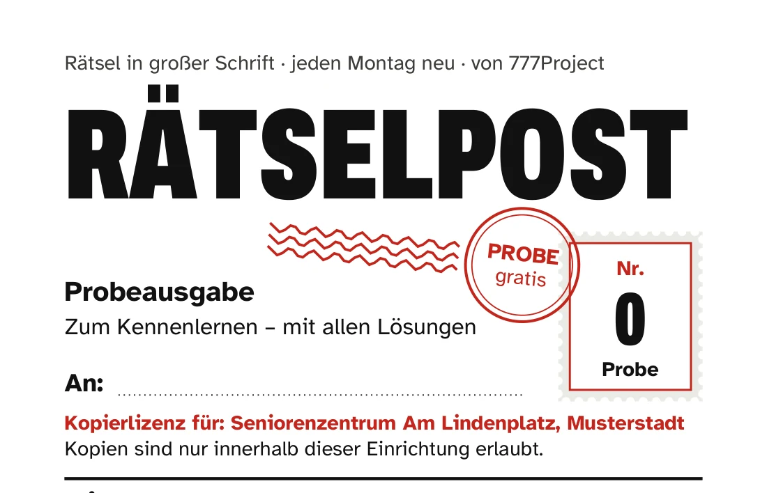 Oberer Teil einer Titelseite mit dem roten Vermerk „Kopierlizenz für: Seniorenzentrum Am Lindenplatz, Musterstadt“