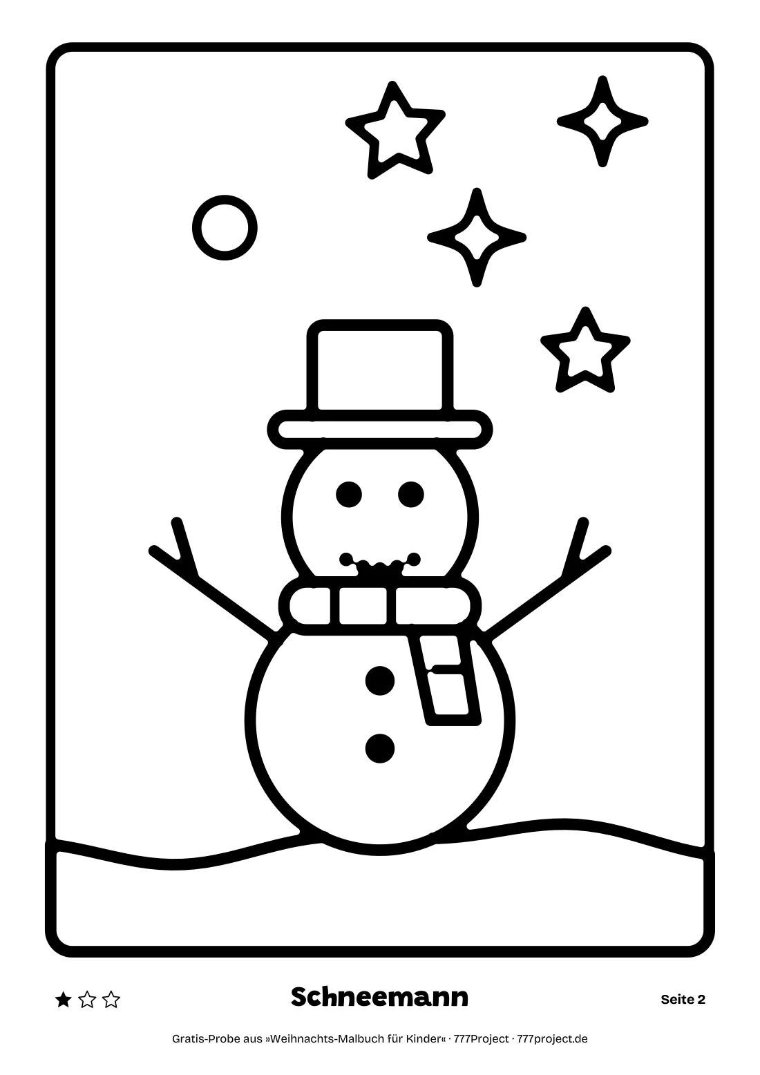 Ausmalbild Schneemann aus der Gratis-Probe: dicke schwarze Linien, ein Schneemann mit Hut und Schal, Sterne am Himmel, unten das Wort „Schneemann“ und ein Stern für leicht