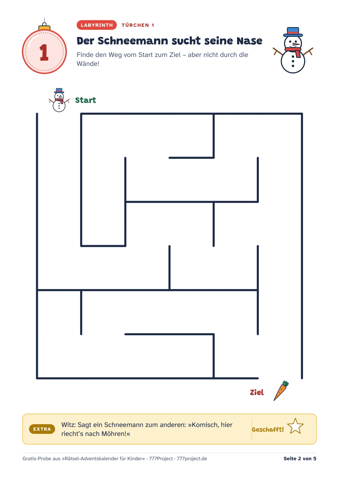Türchen 1 aus der Gratis-Probe: das Labyrinth „Der Schneemann sucht seine Nase“ mit Start beim Schneemann und Ziel bei der Karotte, unten eine Extra-Aufgabe