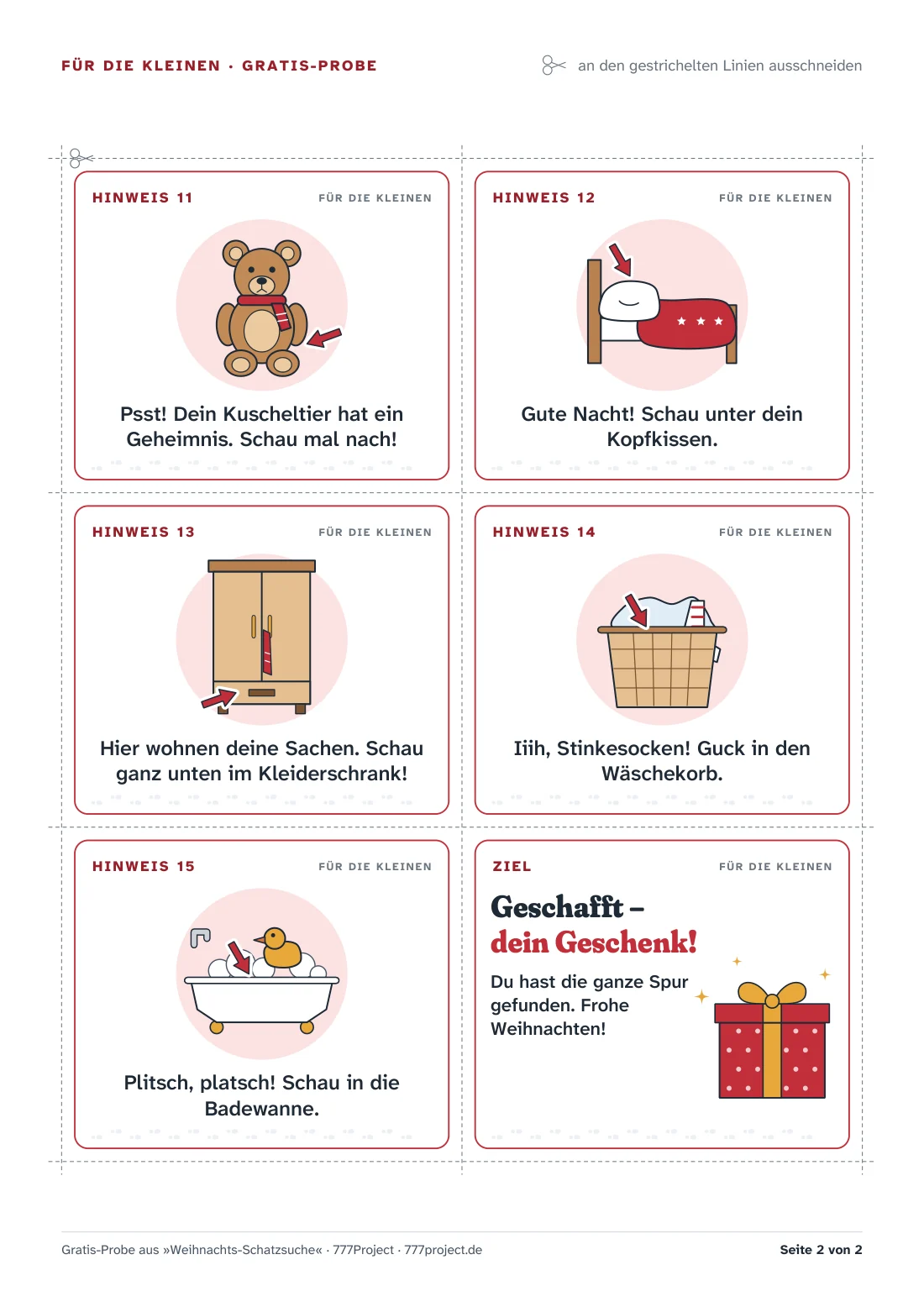 Kartenseite aus der Gratis-Probe: sechs Karten zum Ausschneiden – Kuscheltier, Kopfkissen, Kleiderschrank, Wäschekorb und Badewanne als Bild mit rotem Pfeil, dazu die Zielkarte „Geschafft – dein Geschenk!“
