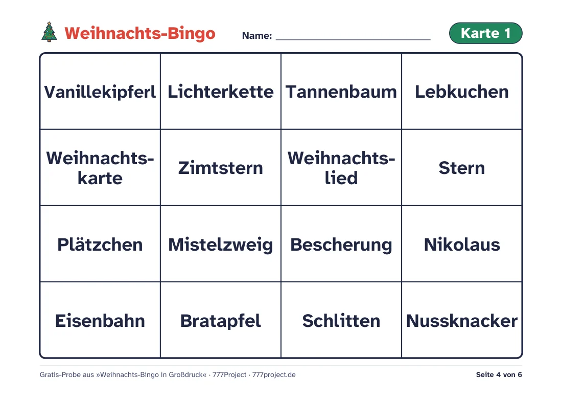 Bingokarte 1 aus der Gratis-Probe im Querformat: 16 große Felder mit Weihnachtswörtern wie Vanillekipferl, Lichterkette, Tannenbaum und Lebkuchen