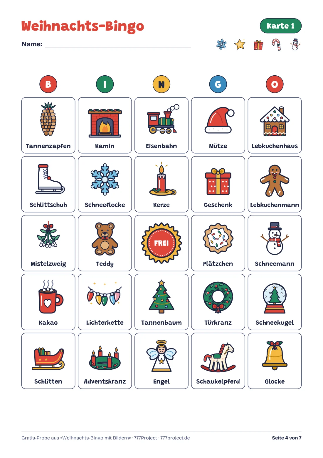 Bingokarte 1 aus der Gratis-Probe: 5 × 5 Felder mit Weihnachtsbildern wie Tannenzapfen, Kamin, Eisenbahn und Mütze, unter jedem Bild das Wort, in der Mitte ein Freifeld