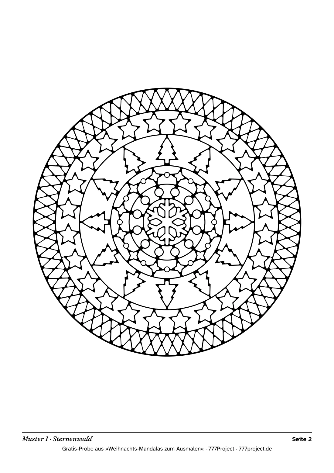 Weihnachtsmandala „Sternenwald“ aus der Gratis-Probe: ein rundes Mandala aus Ringen mit Tannenbäumen, Sternen und einer Schneeflocke in der Mitte, nur schwarze Linien