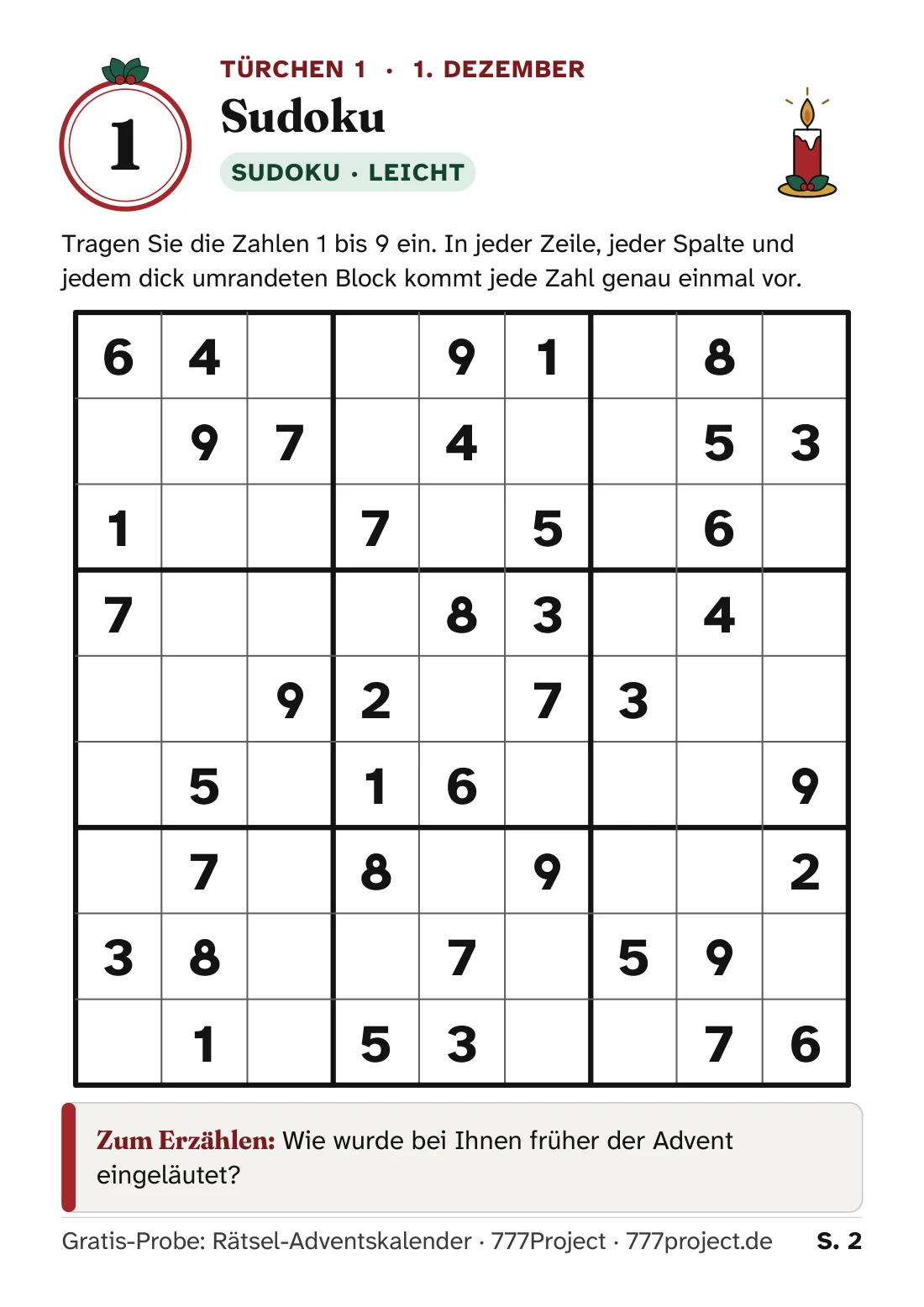 Türchen 1 aus der Gratis-Probe: ein Sudoku in großer Schrift, darunter die Frage zum Erzählen „Wie wurde bei Ihnen früher der Advent eingeläutet?“